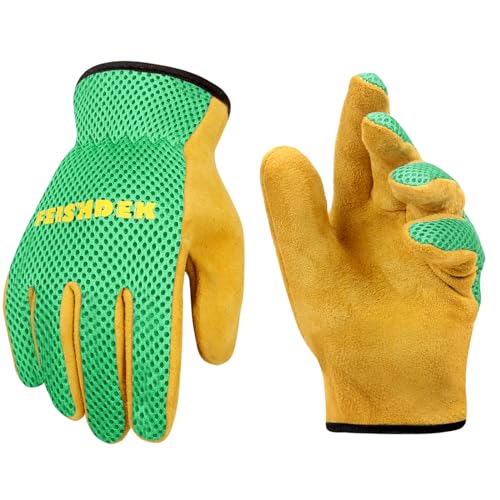 Kids Gardening Gloves, Durable Cowhide Kids Leather Glove for Work Age 2-12 - color: Green 1 Pair, size: Medium (Age 4-6)