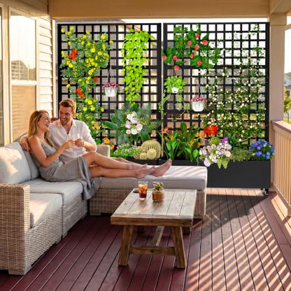 MTART Metal Planter Box with Trellis, 72"x47"x16" Outdoor Galvanized Raised Garden Bed with Privacy Screen & Drainage Holes & Lockable Casters for Climbing Plants, Vegetable, Vines (Black-Grid) - color: Black-grid