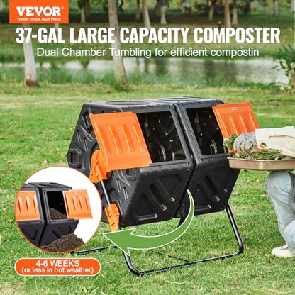 VEVOR Compost Bin, 37-Gal Dual Chamber Composting Tumbler, High Volume Two Rotating Chambers with 2 Sliding Door and Steel Frame, BPA Free Composter Bin Tumbler for Garden, Kitchen, Yard, Outdoor - size: 37 Gal