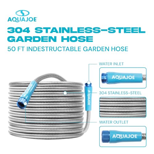 Aqua Joe 50-Foot Heavy Duty Garden Hose, Spiral 304 Stainless Steel Metal Hose, Puncture Proof, 1/2 Inch Diameter with Aluminum Fittings, AJSGH50