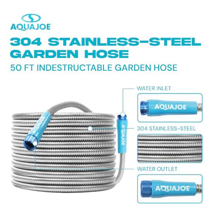 Aqua Joe 50-Foot Heavy Duty Garden Hose, Spiral 304 Stainless Steel Metal Hose, Puncture Proof, 1/2 Inch Diameter with Aluminum Fittings, AJSGH50