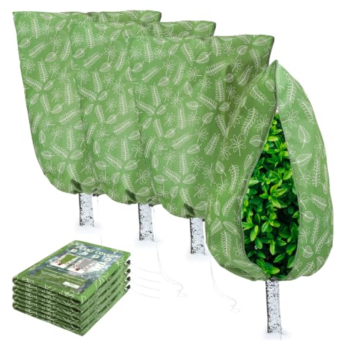 Homimp Plant Covers Freeze Protection,4 PCS Frost Covers with Zipper Drawstring (23.6" x 31.5") Plant Protection Cover Bags for Outdoor Winter Frost Cold Weather Shrubs Trees Jacket Covers,Green Print - size: 23.6"W x 31.5"H