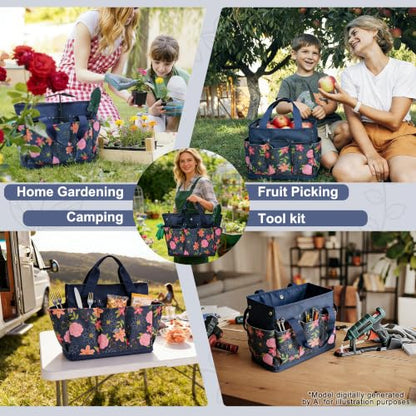Waterproof Garden Tool Bag, 600D Oxford Portable Gardening Tote with Handle & Multi Pockets, Ideal Gifts for Parents Women (Blue, Tools Not Included) - color: Blue