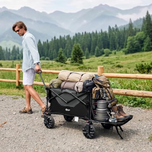 400L Collapsible Beach Wagon Cart for Sand Camping Garden Long Tailgate - color: Black, size: 400L with Brake