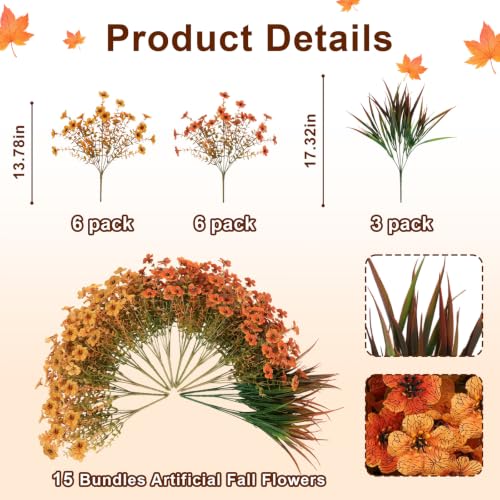 15 Bundles Artificial Fall Flowers UV Resistant Outdoor Decor - color: Yellow Orange