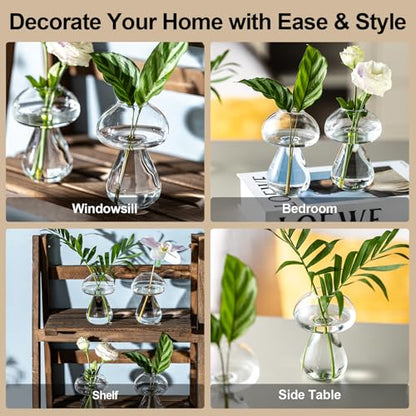 Mushroom Glass Planter, Plant Propagation Station, Cute Mushroom Vase, Clear Glass Terrarium Jar Propagation Vase for Indoor Plants Home Decor, Gifts for Plant Lovers (2)