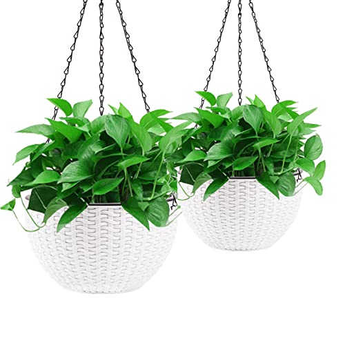 Foraineam 10.2 Inch Dual-pots Design Hanging Basket Planters Self-Watering Indoor Outdoor Hanging Flower Plant Pot with Drainer and Chain (White) - size: 10.2”