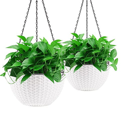 Foraineam 10.2 Inch Dual-pots Design Hanging Basket Planters Self-Watering Indoor Outdoor Hanging Flower Plant Pot with Drainer and Chain (White) (Pack of 3) - size: 10.2” (Pack of 3)