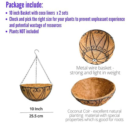 LaLaGreen Coco Hanging Baskets (10 in, 2 Pack) Black Metal Wire Flower Pots - size: 10" (25 cm) x 2 Pack