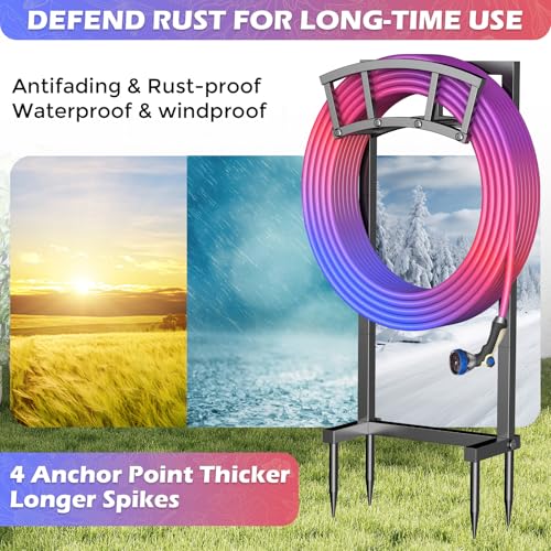 Garden Hose Holder Freestanding, Outdoor Heavy Duty Water Hose Holder Reel with 4 Spikes Holds 150-ft Water Pipe, Detachable Metal Hose Storage Stand Hanger Rack for Outside Yard Lawn Farm, Black - color: Matte Black