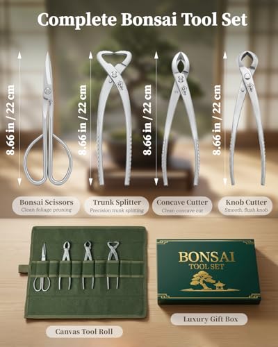 Bonsai Tool Kit 4PCS with Tool Roll Bag & Luxury Gift Box, Bonsai Tools Set