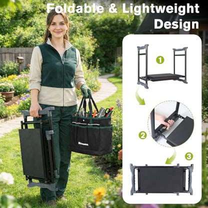 Garden Kneeler and Seat with Umbrella,Heavy Duty Gardening Bench and Stool - color: Beige & Green