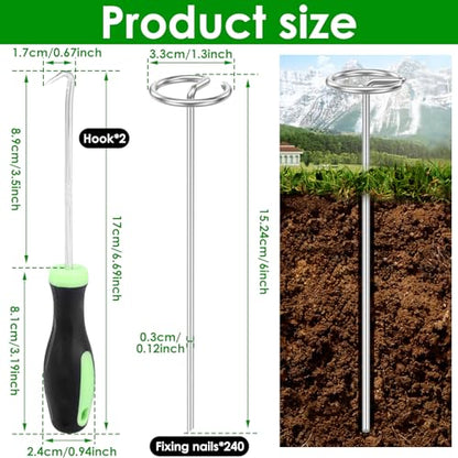 240 Pcs Landscape Fabric Pins 6 inch, Thickened 8 Gauge Circle Top Garden Stakes, Landscape Staples Pins with 2 Puller Hooks for Tent Weed Barrier Fabric Plant Cover Landscape Pins Stronger - size: 6inch-240pcs