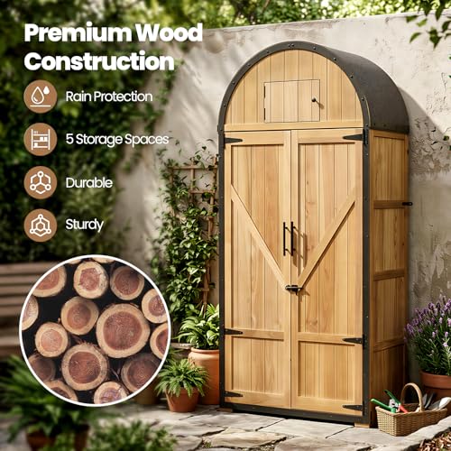 NORTHSKY All-in-One Shed Outdoor Storage, Waterproof Lockable Vertical Garden Shed, Solid Wood Shed Storage Cabinet with Metal Frame & Domed Roof for Patio Backyard Garden Lawn Tool Equipment