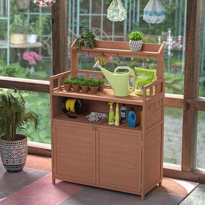 Outdoor Potting Bench for Garden Solid Fir Wood, 39.37" W x 18.9" D x 55.12" H, Brown Storage Cabinet & Top Shelf
