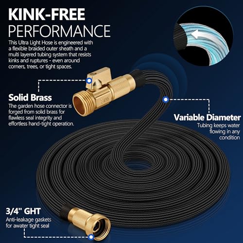 Flexible Garden Hose 25 FT, Ultra Lightweight Water Hoses 25FT w/10 Function Sprayer and 3/4" Brass Fittings, Kink-Free, Sturdy, Abrasion Resistant for Yard, Lawn, Outdoor and Gardening(Black)
