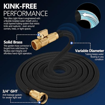 Flexible Garden Hose 25 FT, Ultra Lightweight Water Hoses 25FT w/10 Function Sprayer and 3/4" Brass Fittings, Kink-Free, Sturdy, Abrasion Resistant for Yard, Lawn, Outdoor and Gardening(Black)