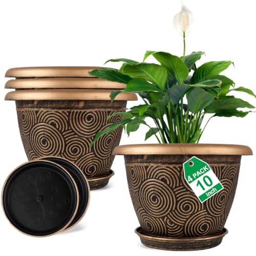 Fodetyff 10 Inch Flower Pots Planters for Indoor Outdoor Plants, 4 Pack Plastic Large Plant Pots with Drainage Hole & Tray, Modern Decorative Garden Pot with Saucer, Plant Container for House - color: Gold, size: 10 inch-4 pack