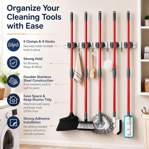 voze 5 Racks and 4 Hooks Mop and Broom Holder Wall Mount, Self Adhesive Heavy Duty Broom Hanger Organizer Storage Tool Racks for Kitchen Garden Laundry Garage - color: Silver, size: 5 Racks 4 Hooks