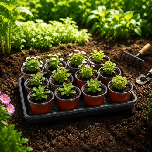 60pcs 3.5 inch Plastic Nursery Pots and 5 Pack Seedling Tray - size: Lightweight Trays+Red Round Pots-5P