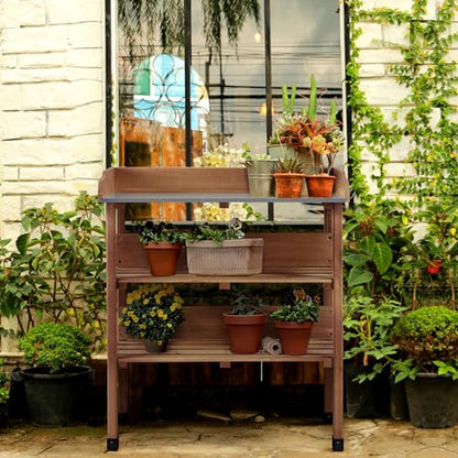 Topeakmart Potting Bench, Metal Top Garden Table for Outdoors,Brown - color: Brown