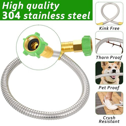 2ft Short Garden Hose with Female to Female Stainless Steel Leader Hose Connector - Flexible Metal Water Hose for Hose Reel, Cart, Garden Faucet Connection,Outdoor Watering Car Pet Cleaning