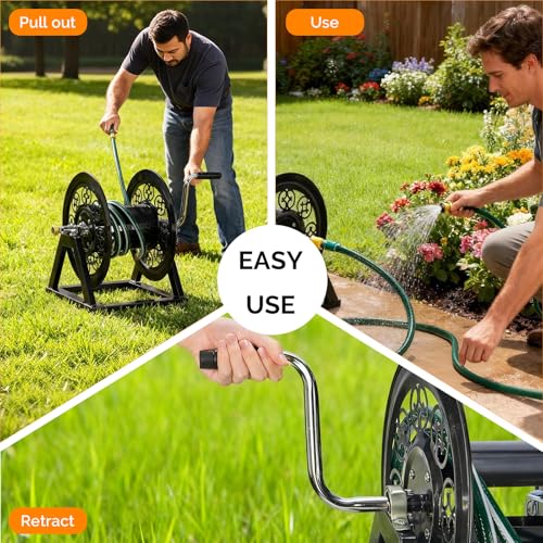 VINGLI Decorative Hose Reel, Wall Mount Water Hose Reel for Garden Outside with Heavy Duty Portable Rolling Design Metal, 108FT Capacity for 3/4" Hose for Outdoor Use (Black)
