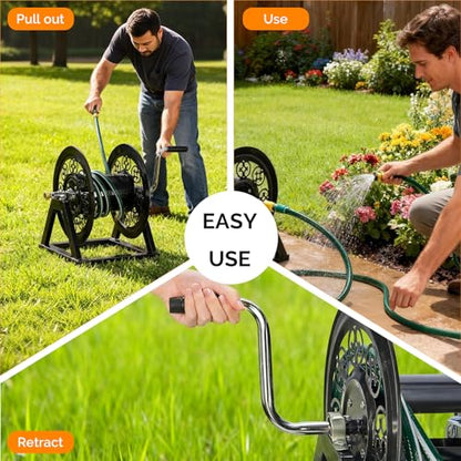 VINGLI Decorative Hose Reel, Wall Mount Water Hose Reel for Garden Outside with Heavy Duty Portable Rolling Design Metal, 108FT Capacity for 3/4" Hose for Outdoor Use (Black)