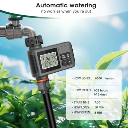 Water Timer for Garden Hose, Programmable Water Sprinkler Timer with Rain Delay, Manual Automatic Lawn Watering System Irrigation Controller, 3/4in Male Thread