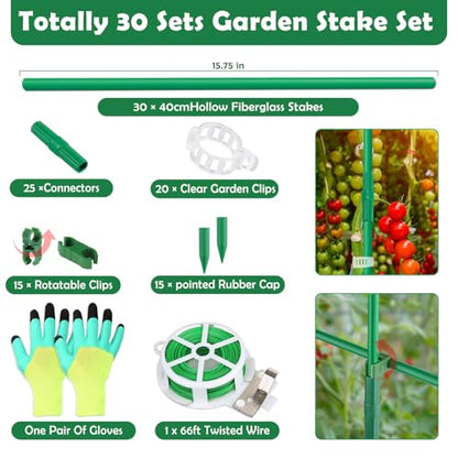 Cludoo 94PCS Garden Stakes Set with 30 Sets Fiberglass Plant Stakes Sticks Supports and Accessories, DIY 4ft 5ft 6ft 7ft Tomato Stakes for Tomato,Vegetables, Pepper, Indoor Outdoor Spring Plants - size: 30 sets