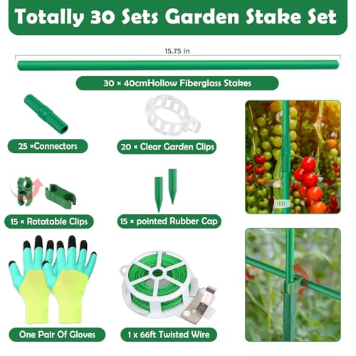 Cludoo 94PCS Garden Stakes Set with 30 Sets Fiberglass Plant Stakes Sticks Supports and Accessories, DIY 4ft 5ft 6ft 7ft Tomato Stakes for Tomato,Vegetables, Pepper, Indoor Outdoor Spring Plants - size: 30 sets