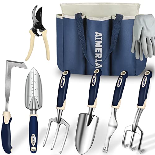 Aimerla Gardening Tools Set of 9 Heavy Duty Garden Tools with Non-Slip Rubber Grip with Large Garden Bag, Durable for Garden, Weeding, Gifts for Women,Men - style: Blue