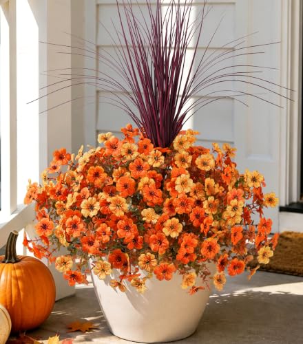 HyeFlora Artificial Fall Flowers for Outdoor Decoration, 13 Bundles Faux Silk Colorful Mums Grass UV Resistant Realistic Fake Flowers for Home Porch Patio Yard Window Box (Fall Orange Fall Yellow) - color: Orange Yellow
