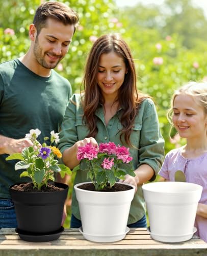 homenote 7.5 Inch Plastic Flower Pots with Drainage Holes and Trays (8 Pcs) - color: White & Black-8 Pcs, size: 7.5 Inch