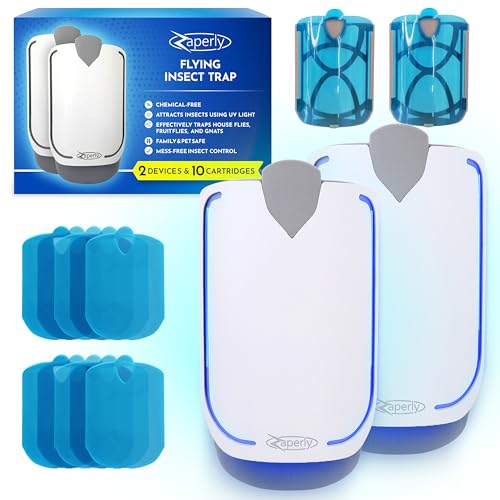 2 Fruit Fly Traps & 10 Adhesive Cartridges, Indoor Plug-in Bug Catcher, UV Light Fly Trap Captures Fruit Flies, Gnats, Houseflies, Moths, and Flying Insects for Kitchen, Bathroom, Plant Areas - size: 2 Devices + 10 Refill Cartridges