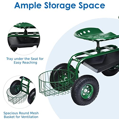 Rolling Garden Cart with Seat, Heavy Duty Gardening Scooter w/Wheels, Storage & Extendable Steering Handle, Garden Work Seat for Planting, Green