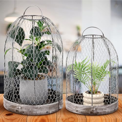 Briwooody 2 Pack Rustic French Wire Mesh Cloche with Base 17'' 20'' Garden Cloches for Plants Large Plant Protection Guards Cover Keep Small Animals Out