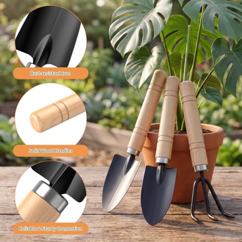 3 Pcs Mini Garden Tool Set with Small Trowel, Mini Shovel & Hand Rake - color: natural wood-3pcs