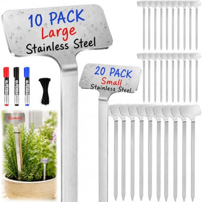 30 Pack Waterproof 304 Stainless Steel Plant Labels, 10 Large and 20 Small