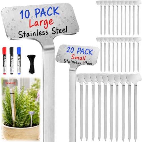 30 Pack Waterproof 304 Stainless Steel Plant Labels, 10 Large and 20 Small