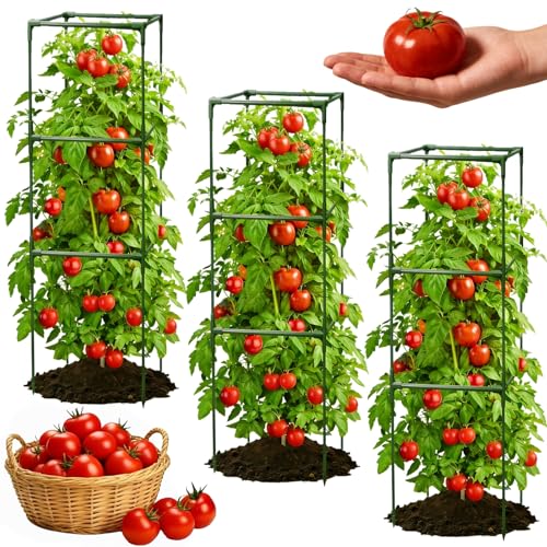 3 Pack Square Tomato Cages for Garden, 48 Inch Tall Heavy Duty Metal Tomato Plant Support Trellis, Adjustable Large Tomato Stakes for Outdoor Pots Climbing Plants, Vegetables, Cucumber - size: 48Inch