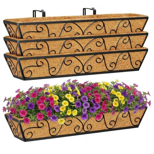 Y&M 4Pcs 30'' Large Railing Planter Boxes with Coco Liner, Outdoor Hanging Window Flower Boxes for Deck, Fence, Porch, and Patio - size: Butterfly 30in 4p