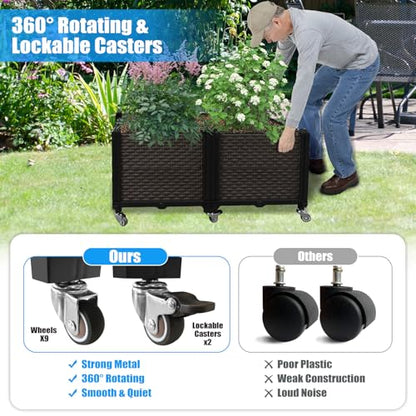 Raised Plant Box with Wheels 31.5"x15.7"x16.1", Raised Beds for Gardening Self Watering, Durable Metal Lockable Casters, Rectangular Garden Planter Perfect for Garden Patio Balcony Deck - size: L 32"xW 16"xH 16"