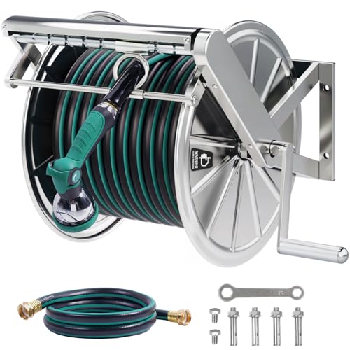 Stainless Steel Garden Hose Reel with 5/8" x 100 ft Heavy Duty Hose, Wall Mount Water Hose Holder, Hose Reels with Crank Handle for Outside, Lawn, Yard, Garage - size: with 5/8" x 100 ft Hose