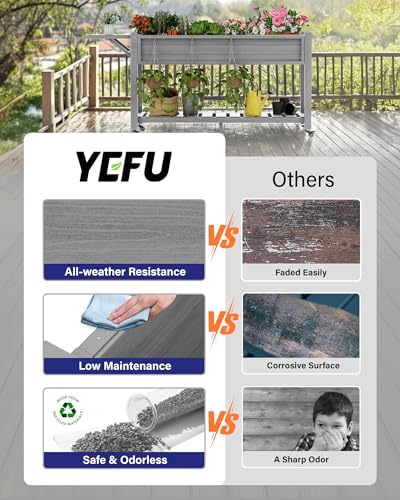 YEFU Raised Garden Bed with Legs, HIPS, Waterproof, 57x18x30in, Grey - color: Gray, size: All-in-One Rolling Planter(1PC)