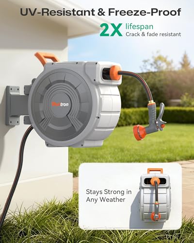 Retractable Garden Hose Reel 85 ft x 1/2 inch, Heavy Duty Automatic Garden Hose Reels, High-Flow, Any Length Lock, 180° Swivel Bracket, Brass Fitting, Wall Mount Water Hose Reel for Outside - color: 85 Ft X 1/2 Inch