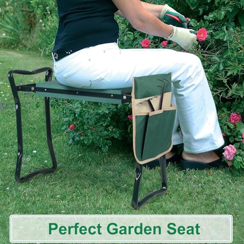 Foldable Garden Kneeler and Seat, Gardening Bench for Kneeling and Sitting, Garden Helper Seat with Tool Pocket, Eva Soft Foam Pad for Kneeling and Seating, Gifts for Women Men Seniors Gardener