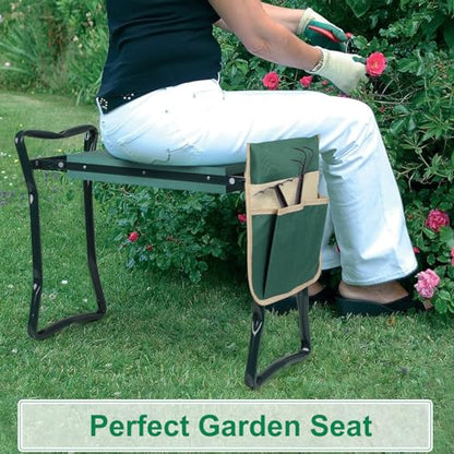 Foldable Garden Kneeler and Seat, Gardening Bench for Kneeling and Sitting, Garden Helper Seat with Tool Pocket, Eva Soft Foam Pad for Kneeling and Seating, Gifts for Women Men Seniors Gardener