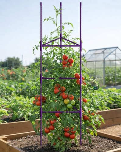 Growsun 51 inch Tomato Cage Heavy-Duty Plant Support Cucumber & Vine Vegetables – Adjustable Purple Metal Garden Trellis for Climbing Plants, Indoor & Outdoor Use, 3 Pack - color: Purple