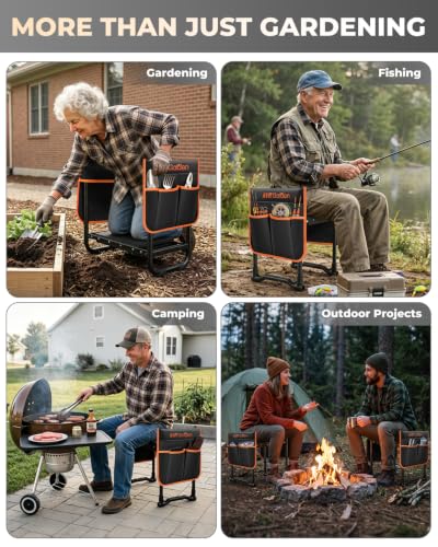 KVR Garden Kneeler and Seat with 2 Tool Pouches, Heavy Duty Foldable Gardening Stool, Portable Bench with Thick EVA Foam for Knee Support, Gifts for Seniors, Black/Orange